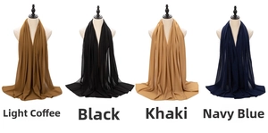 Detail of chiffon scarves in Light Coffee, Black, Khaki, and Navy Blue showing soft drape