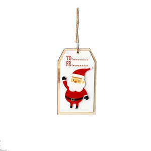 Wooden Christmas gift tag with Santa Claus decor, writing area and hemp rope for hanging
