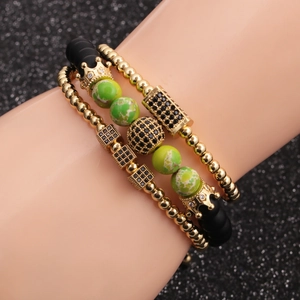Three-layer imperial stone crown bracelet set with gold beads and micro-pave zircons