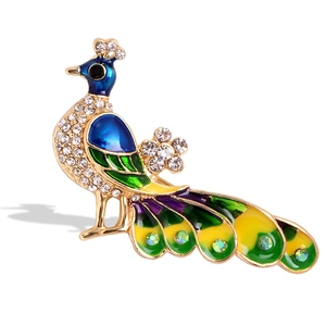 Exquisite peacock brooch with colorful enamel feathers and sparkling white rhinestones