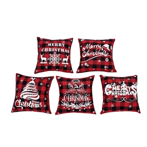 Five-piece set of red and black buffalo plaid Christmas pillow covers with festive prints