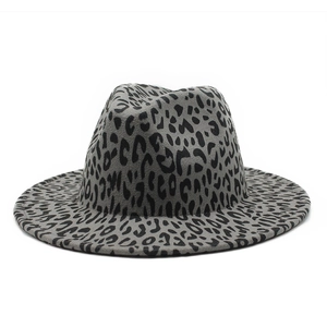 Classic wide brim fedora hat featuring a bold grey and black leopard print pattern