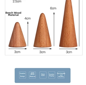 Dimensions for beech wood cone ring stands in 2.5cm, 4cm, and 6cm heights with 3cm base