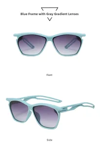 Detail of light blue matte sunglasses featuring geometric hollow temples and gradient lenses