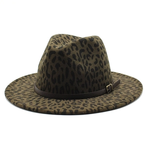Classic leopard print wool fedora hat with a stylish brown leather belt buckle accent