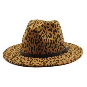 Classic leopard print fedora hat with wool felt texture and brown buckled leather band