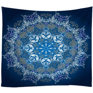 Navy blue mandala wall tapestry with intricate white and gold yoga floral patterns