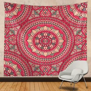 Mandala tapestry wall hanging in red and cream for yoga studio and bedroom decor