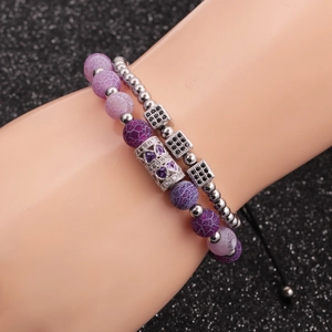 Double-layer beaded bracelet set with purple agate stones and zircon cube charms