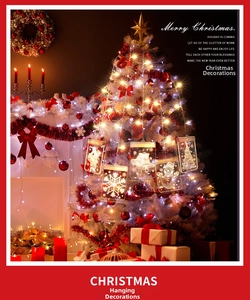 Detailed view of warm white LED Christmas hanging lights featuring Santa and snowflake shapes