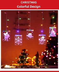 Macro view of Christmas LED hanging lights with Santa and snowflake patterns in colorful glow