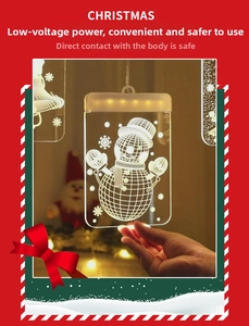 Detail of warm white LED Christmas hanging light with acrylic snowman and snowflake patterns