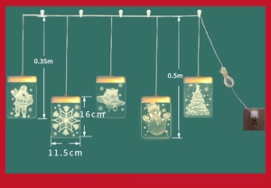 Detailed size chart for Christmas LED curtain lights featuring 16x11.5cm 3D acrylic icons
