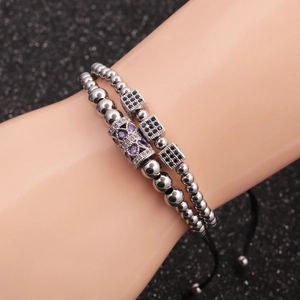 Double-layer silver beaded bracelet set with purple and black cubic zirconia cubes