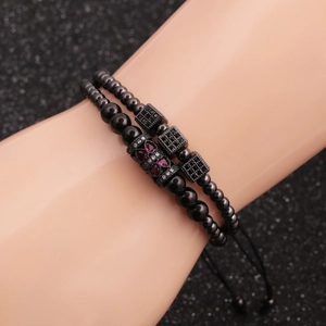 Double-layer black beaded bracelet set with micro-paved cubic zirconia heart charms