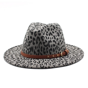 Classic leopard print wool fedora hat with studded brown faux leather band and flat brim