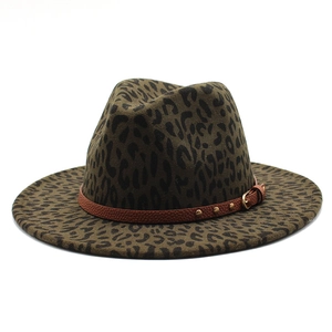Retro wool leopard print wide brim fedora hat with brown studded leather band detail