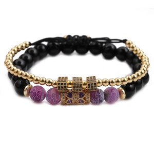 Bohemian double-layer beaded bracelet set with purple cracked agate and gold cubes
