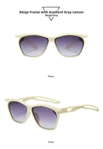 Detail view of beige retro sunglasses with gradient gray lenses and hollow temples