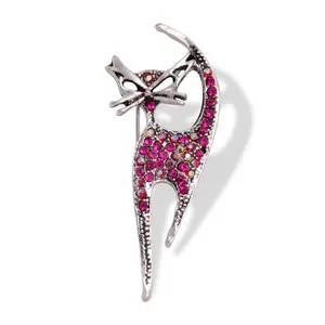 Retro cat brooch with elegant pink rhinestones on a vintage silver metal base