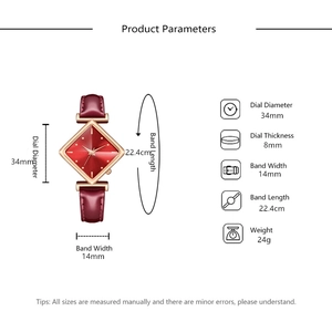 Detailed dimensions of red dial quartz watch with rose gold case and leather strap