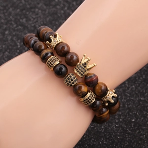 8mm tiger eye stone crown bracelet set for men with brown beads and golden accents