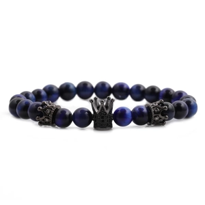 8mm blue tiger eye stone bracelet with black crown charms and micro-set cubic zirconia