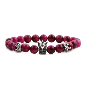 Men's 8mm rose red tiger eye stone beaded bracelet set with silver crown charms
