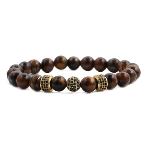 8mm yellow tiger eye beaded bracelet set for men with gold crown and black zircon accents