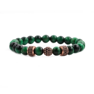 8mm green tiger eye stone beaded bracelet set for men with rose gold crown accents
