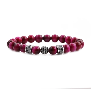 Men's 8mm rose red tiger eye bead bracelet set with silver crown and crystal accents
