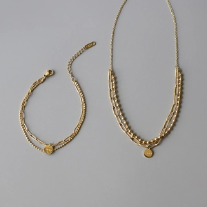 18K gold plated titanium lucky round pendant double-layer necklace and bracelet jewelry set