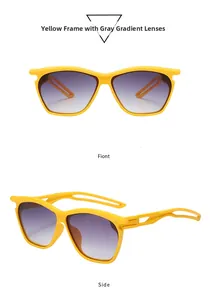 Front and side view of yellow wide-frame sunglasses with gradient grey lenses