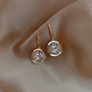 Round Zircon Rhinestone Drop Earrings Elegant Gold Plated Alloy Geometric Ear Hook Jewelry For Women