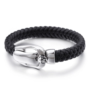 Men's punk lion head braided leather bracelet with silver-tone stainless steel clasp