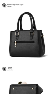 Detailed views of pebbled leather tote showing rear zip pocket and bottom metal studs
