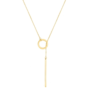 Macro shot of gold Y-necklace featuring circular ring and long bar pendant design