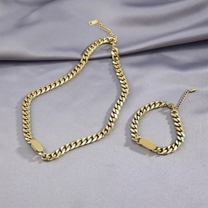 Cuban Link Chain Necklace And Bracelet With Rectangular ID Plate Pendant Stainless Steel Gold Plated Minimalist For Women