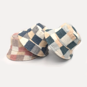 Checkerboard Bucket Hat Faux Shearling Lamb Wool Winter Warm Plush Retro Basin Cap Outdoor For Men Women