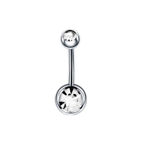 Macro view of a silver stainless steel belly ring with double round clear gemstones