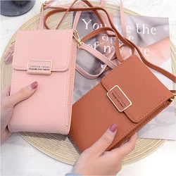 Detail of pink and orange PU leather phone wallet showing double layer structure and strap