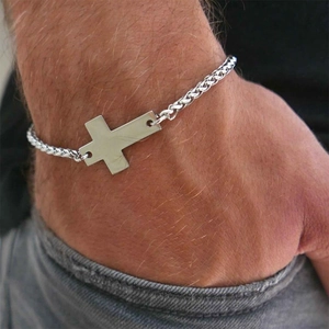 Men's silver titanium steel cross pendant bracelet with wheat chain on wrist
