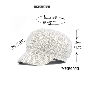 Size guide for chic beige newsboy cap showing hat circumference and brim measurements