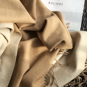 Thick warm double-sided cashmere-feel scarf in camel and beige with fringe tassels