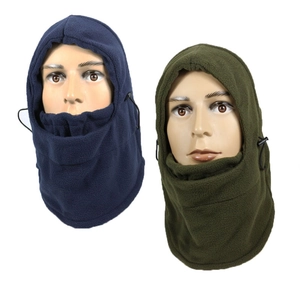 Detail view of fleece balaclavas in navy and olive with adjustable drawstring toggles