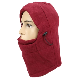 Detail view of burgundy fleece balaclava mask with adjustable drawstring for warmth