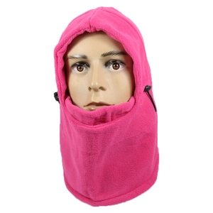 Pink fleece balaclava with adjustable drawstrings for full face and neck coverage