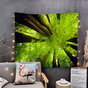 Scenic forest tapestry wall hanging with green canopy and warm fairy lights decor