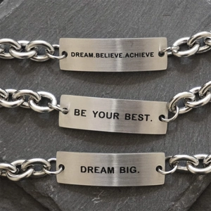 Three titanium steel inspirational men's bracelets with engraved rectangular metal plates