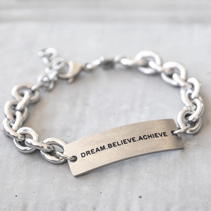 Men's titanium steel chain bracelet with a square plate engraved DREAM BELIEVE ACHIEVE